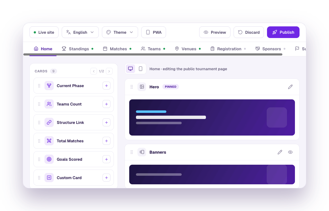MyCup visual website editor — drag-and-drop blocks for your public tournament site
