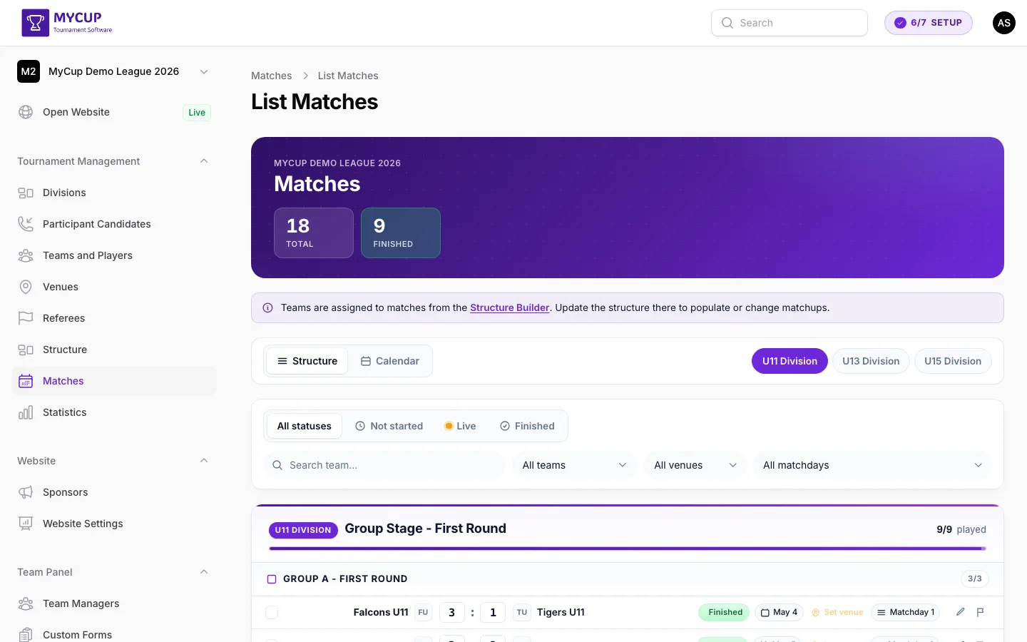 Matches page