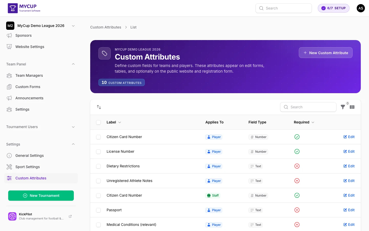 Custom Attributes list page showing all defined attributes with their labels, types, and visibility settings