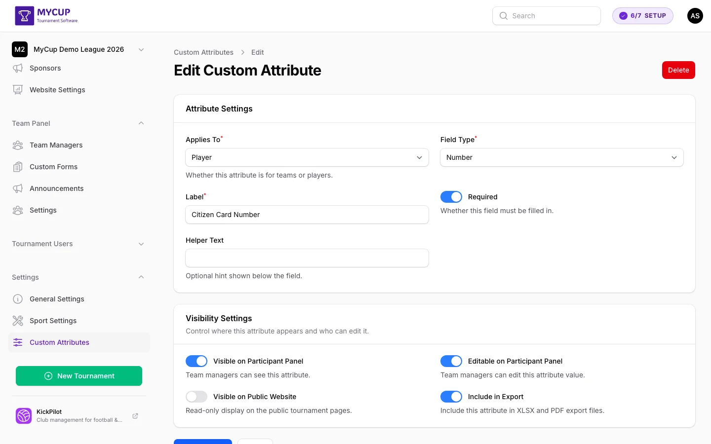 Edit attribute form showing basic settings and visibility toggles