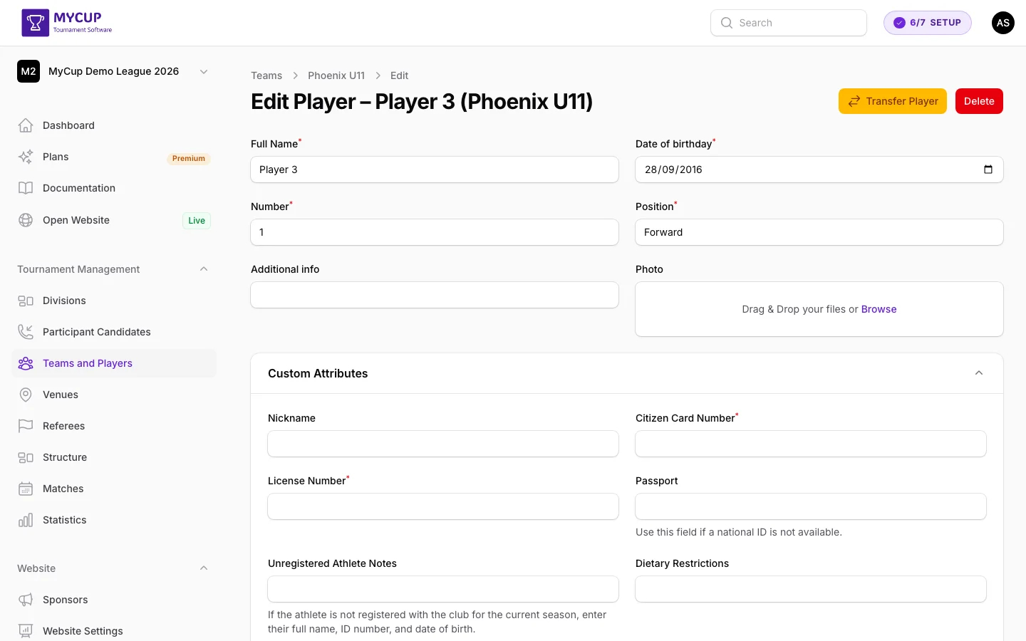 Player edit page showing the Custom Attributes section with fields like Citizen Card Number and License Number