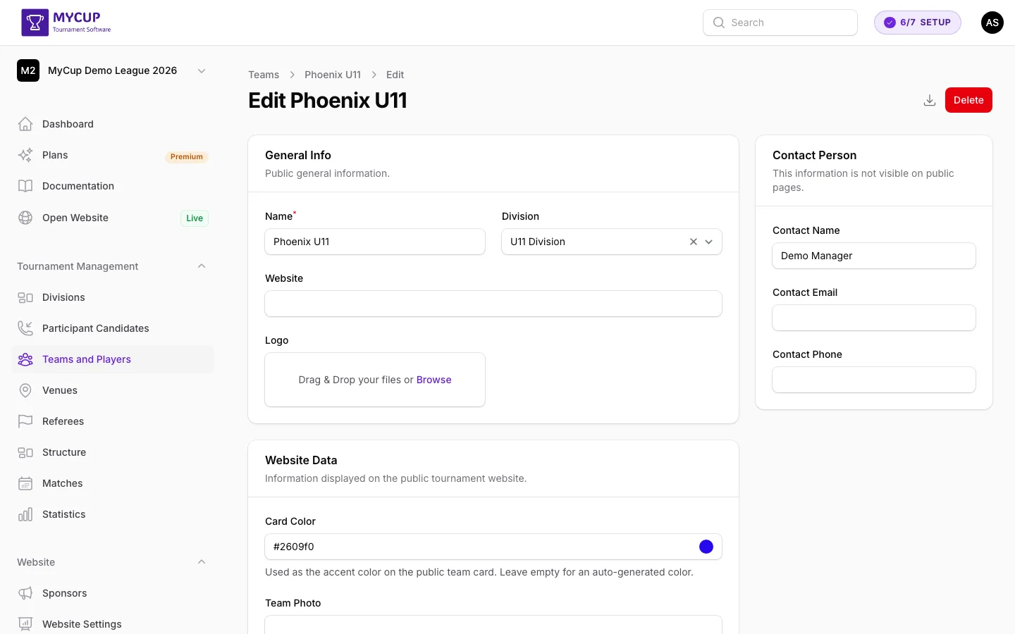Team edit page showing the Custom Attributes section with fields like Club Registration ID and Division Level