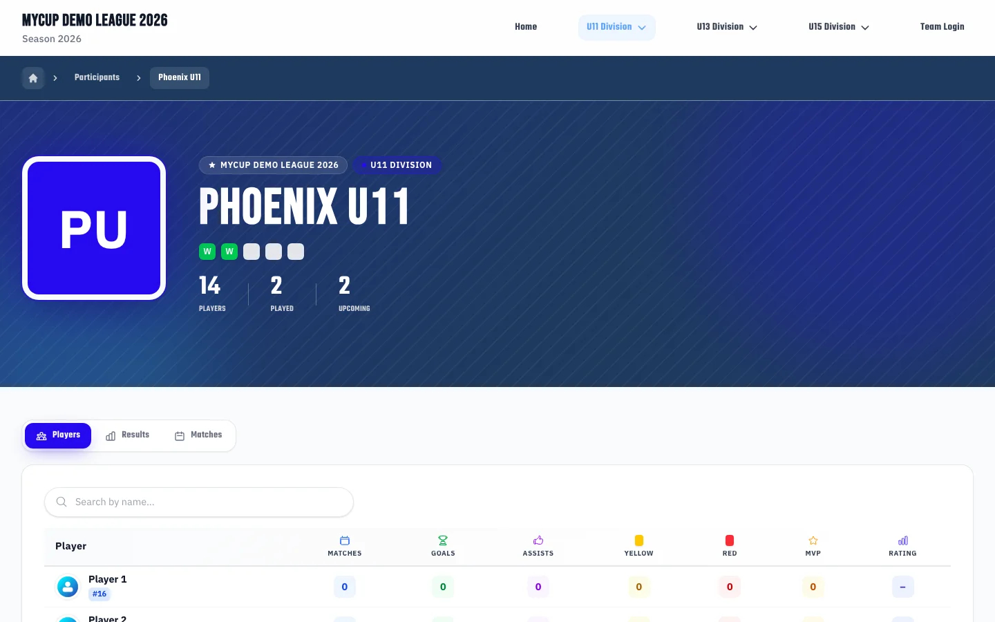 Public team page showing custom attributes like Club Registration ID and Division Level displayed as info cards