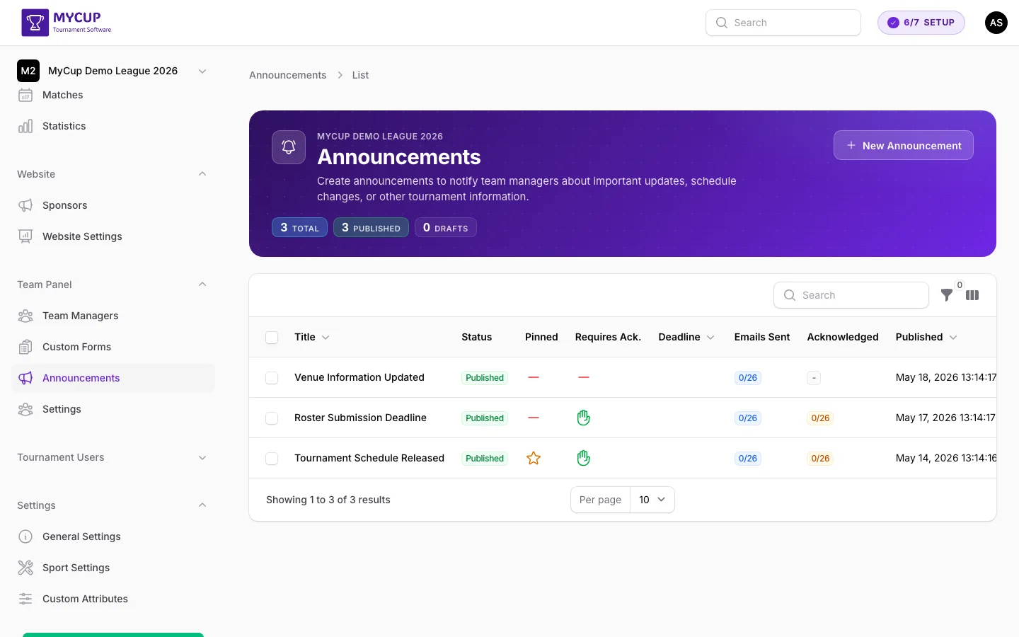 Announcements page