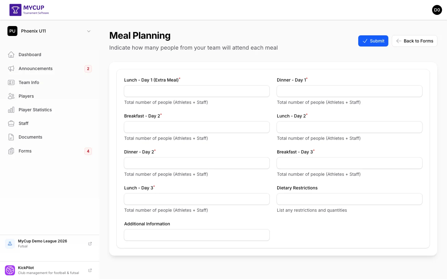 Filling out the Meal Planning form