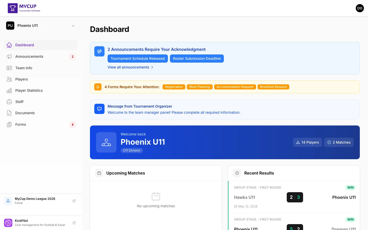 Team dashboard showing pending forms alert