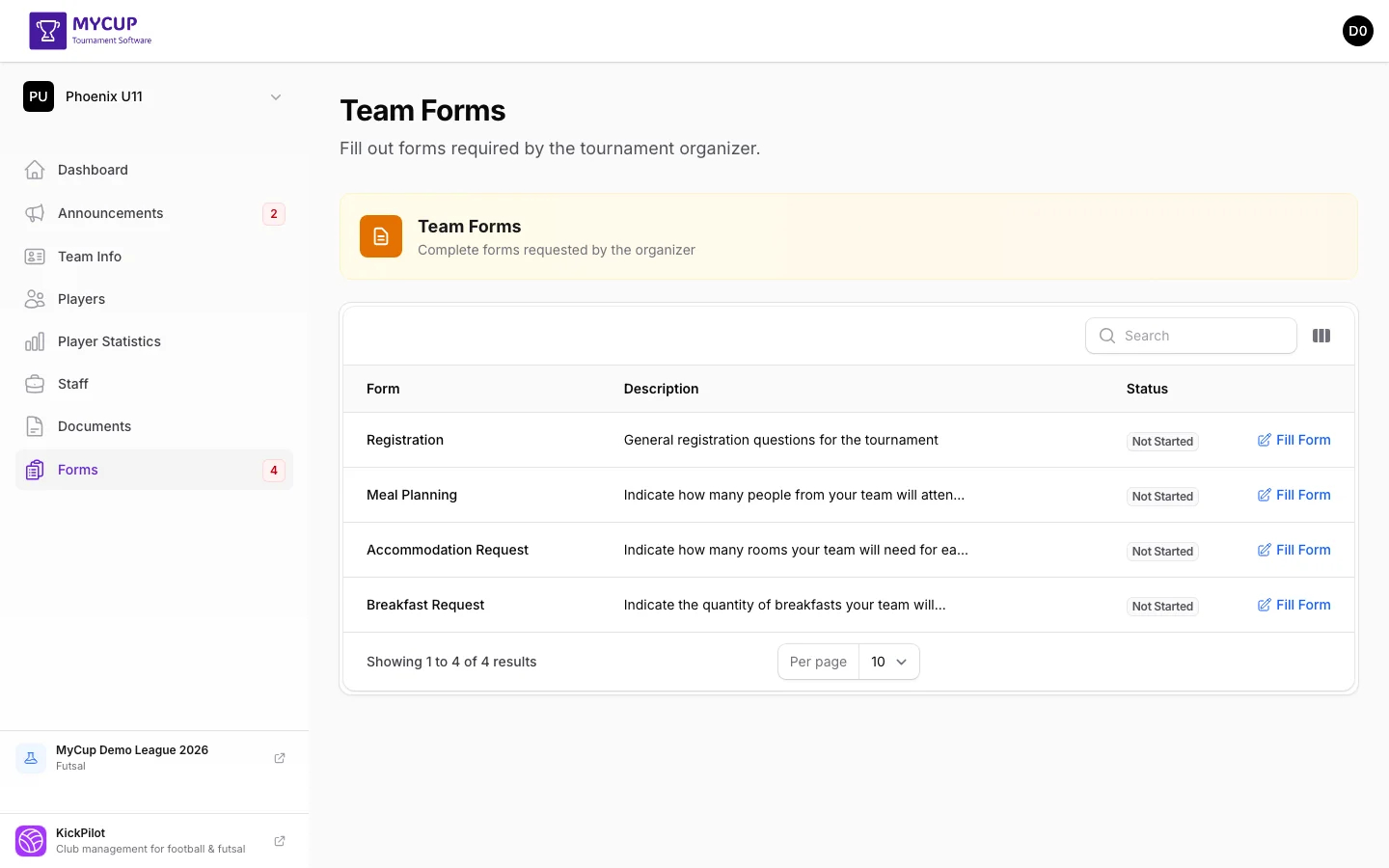 Team forms list