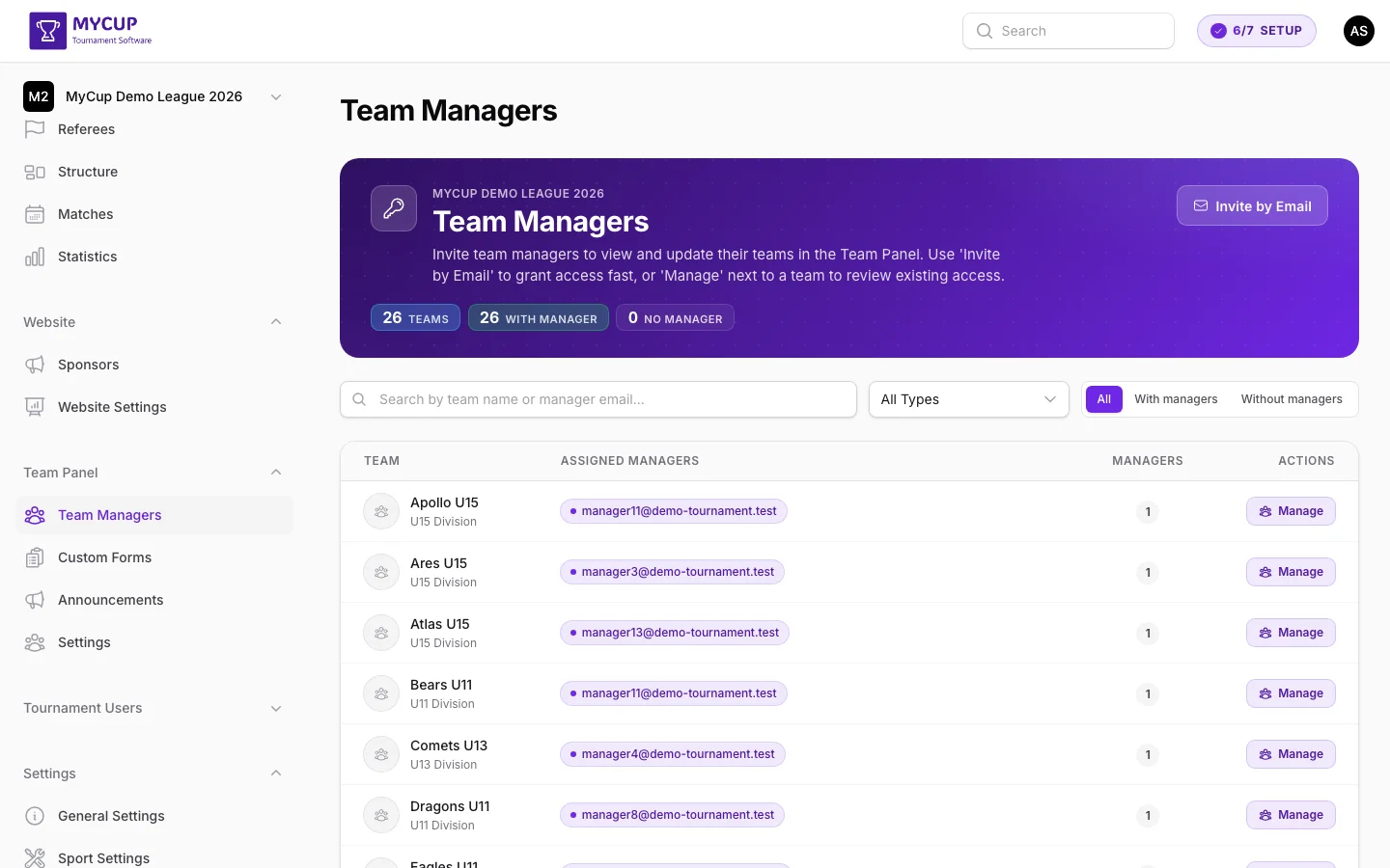 Team Managers page