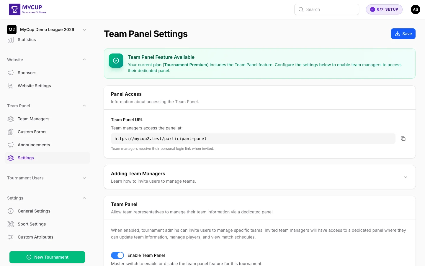 Team Panel Settings page