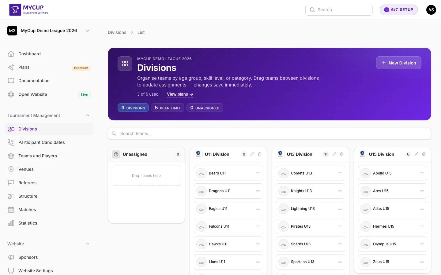 Divisions page