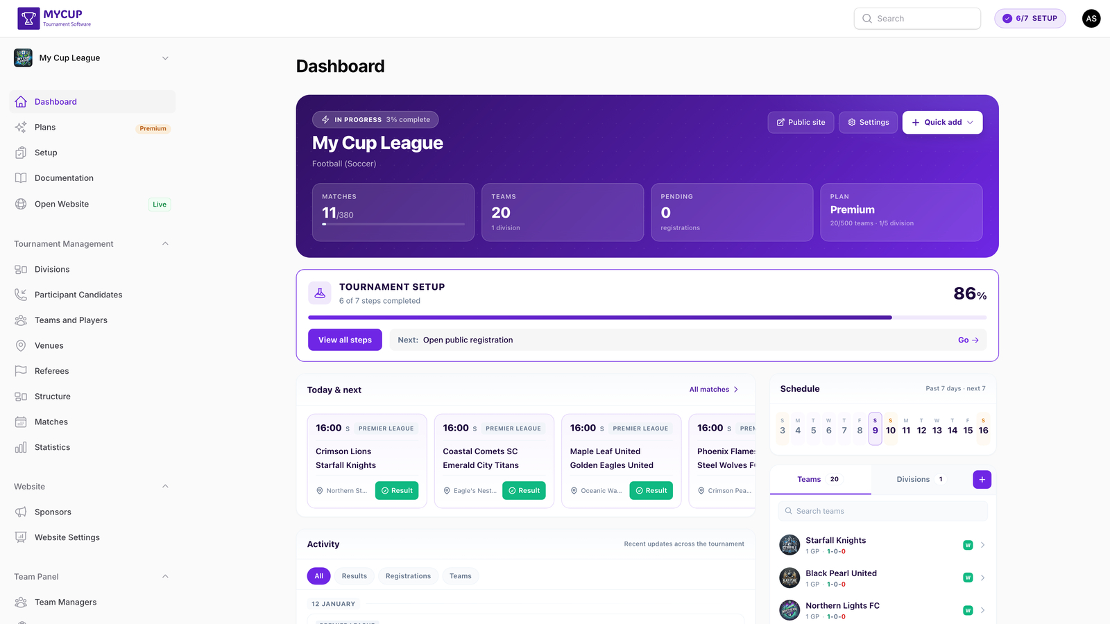 MyCup Tournament Management Dashboard
