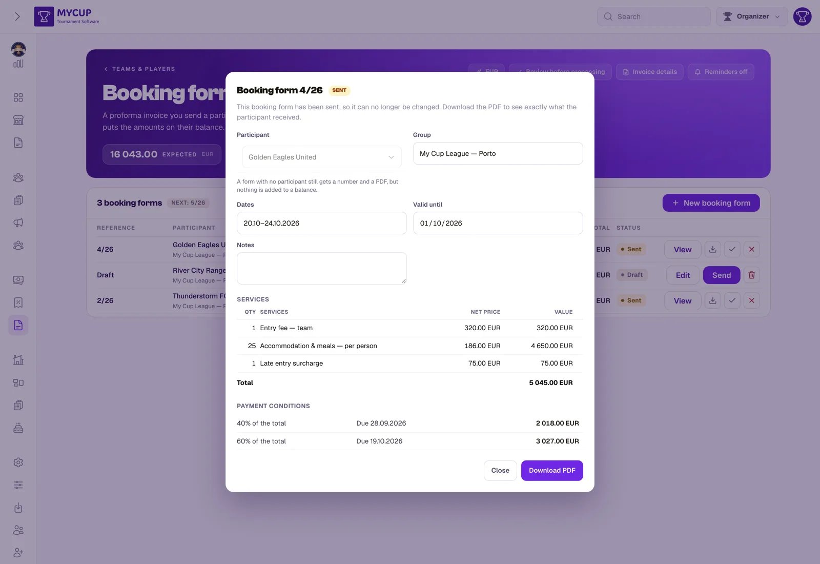 Add stay and meals on a draft booking form