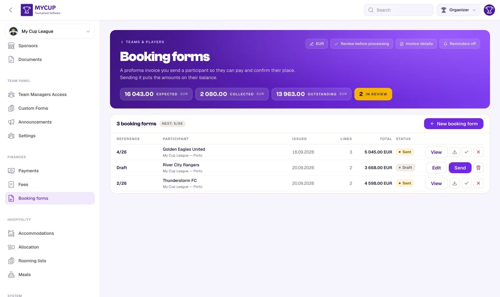 The Booking forms page