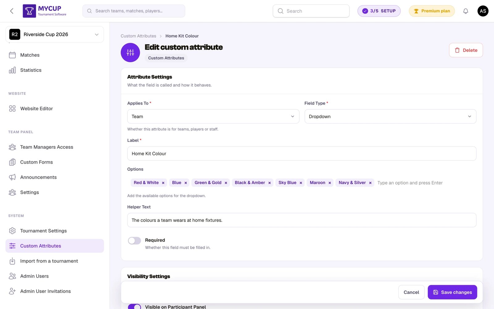 Edit attribute form showing basic settings and visibility toggles