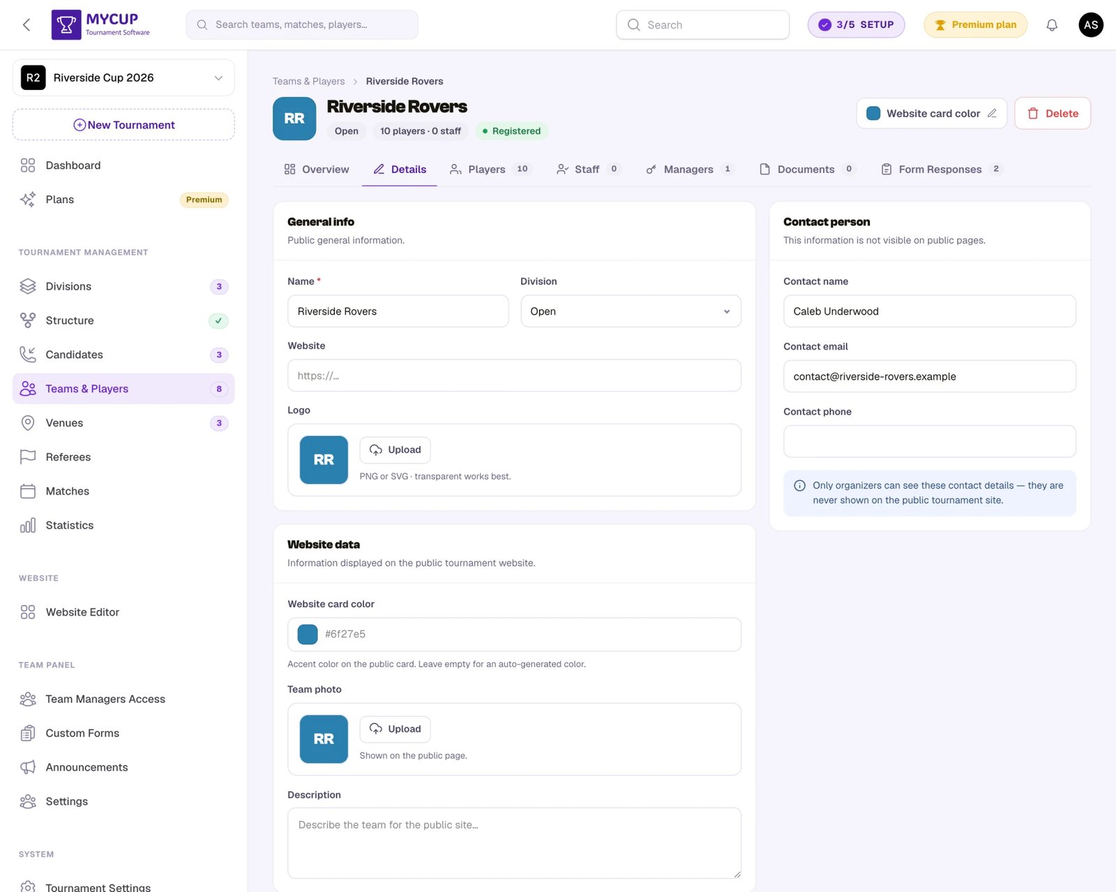 Team edit page showing the Custom Attributes section with fields like Club Registration ID and Division Level