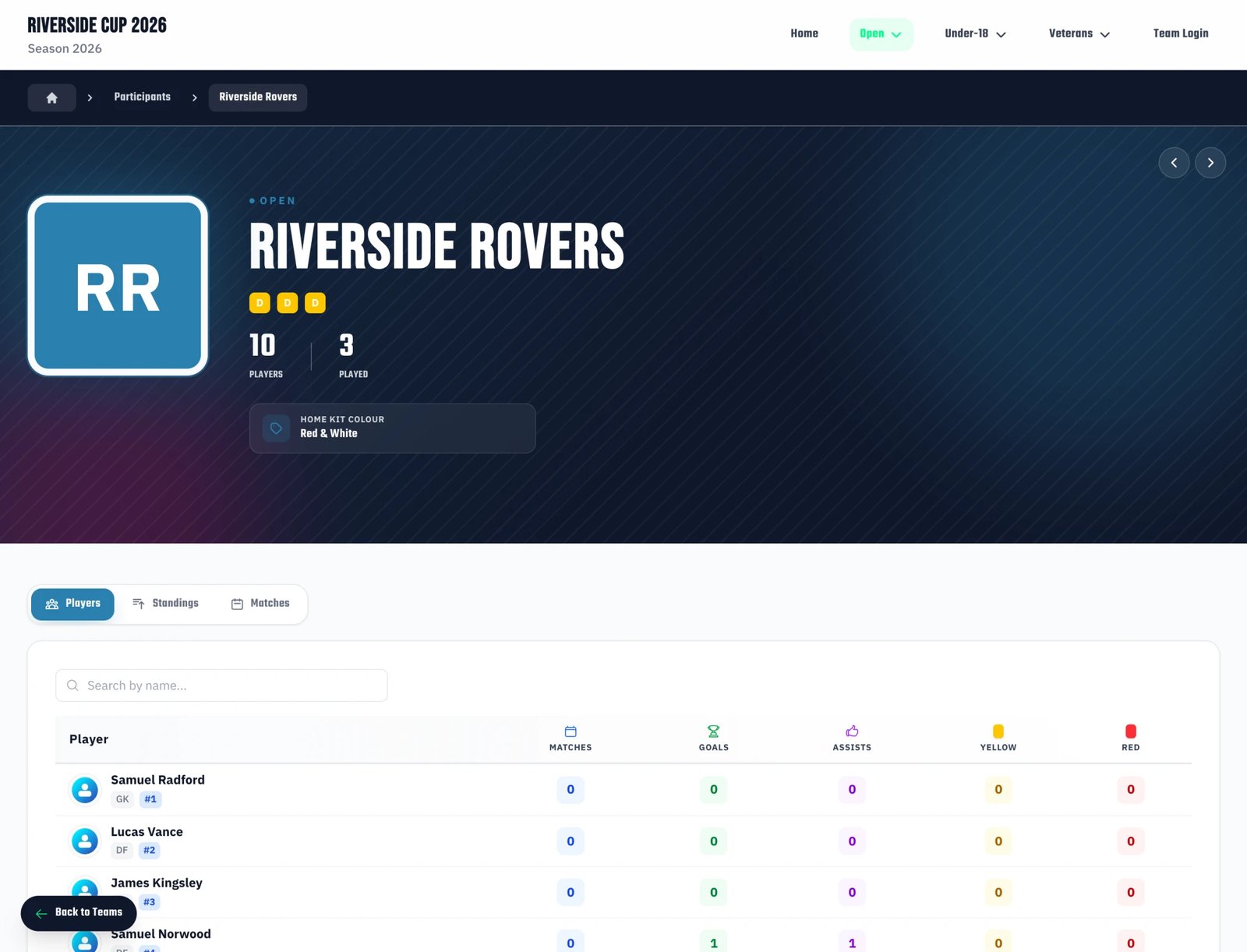 Public team page showing custom attributes like Club Registration ID and Division Level displayed as info cards