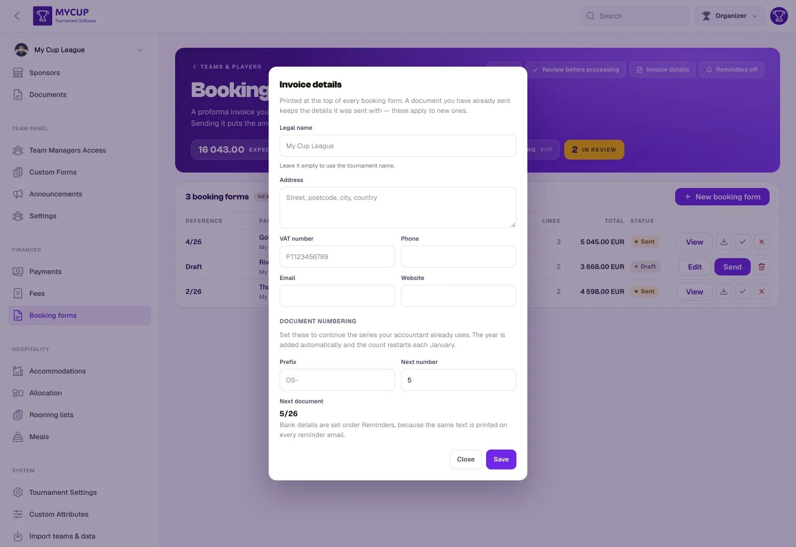 The invoice details dialog