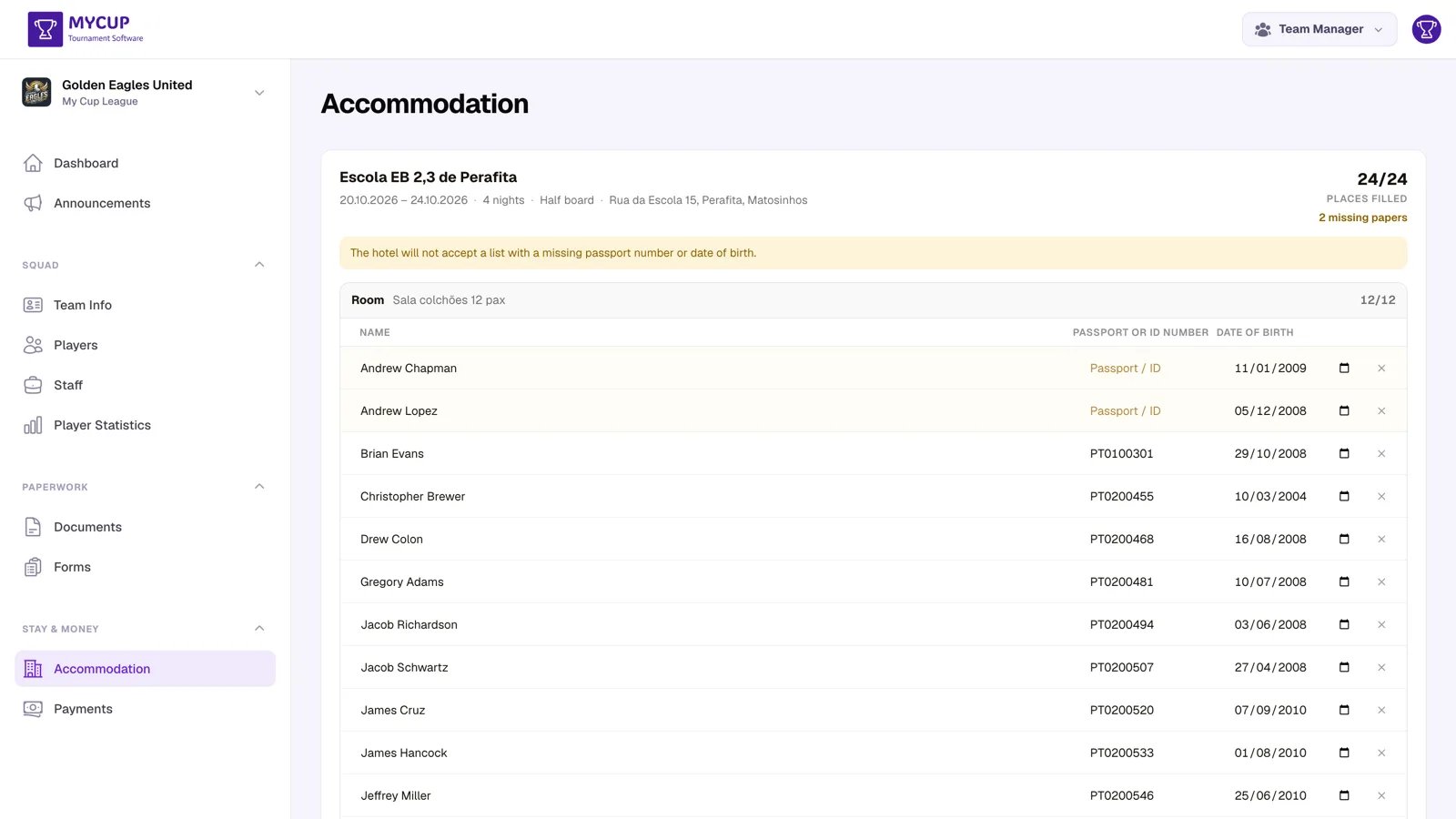 A club's Accommodation page in the team panel