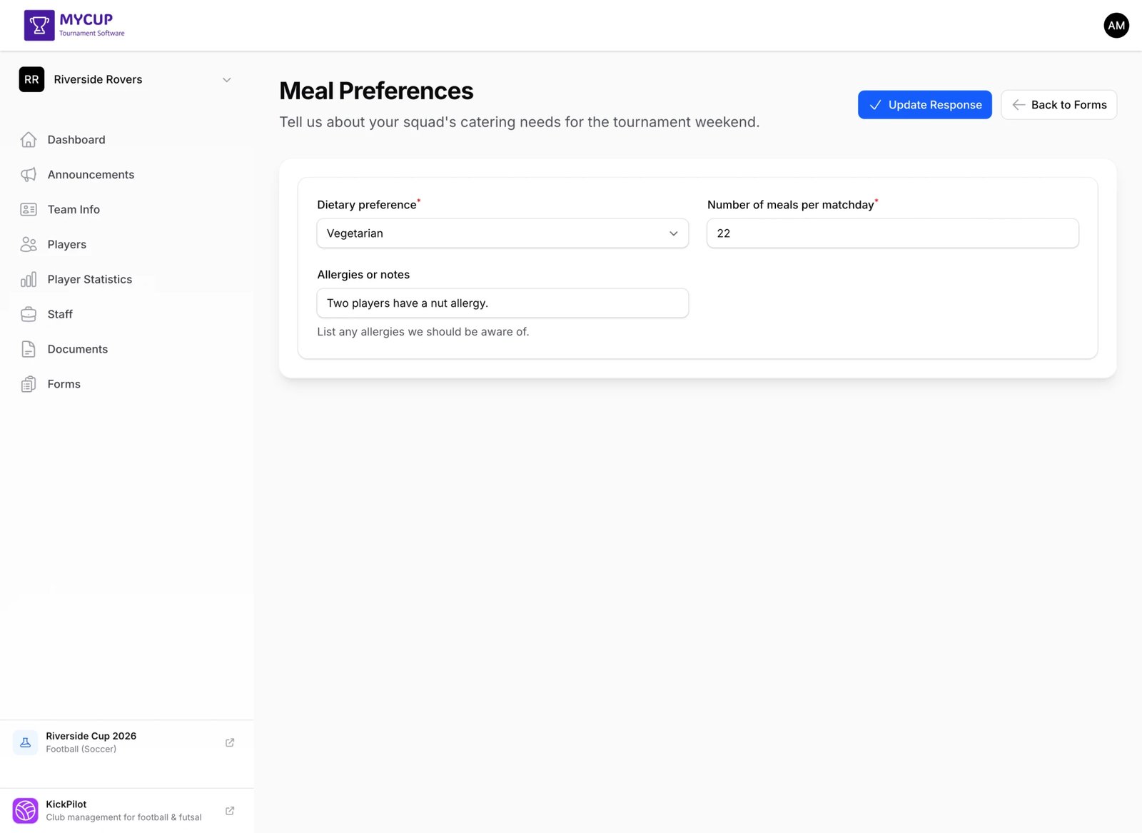 Filling out the Meal Planning form