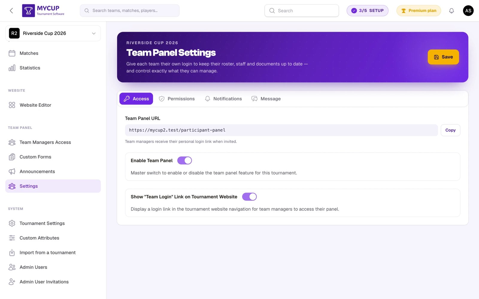 Team Panel Settings page