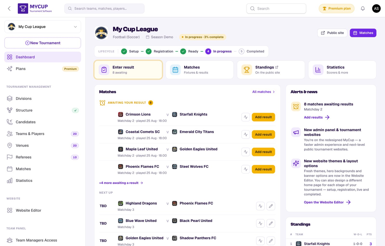 MyCup tournament dashboard — live matches, standings and results
