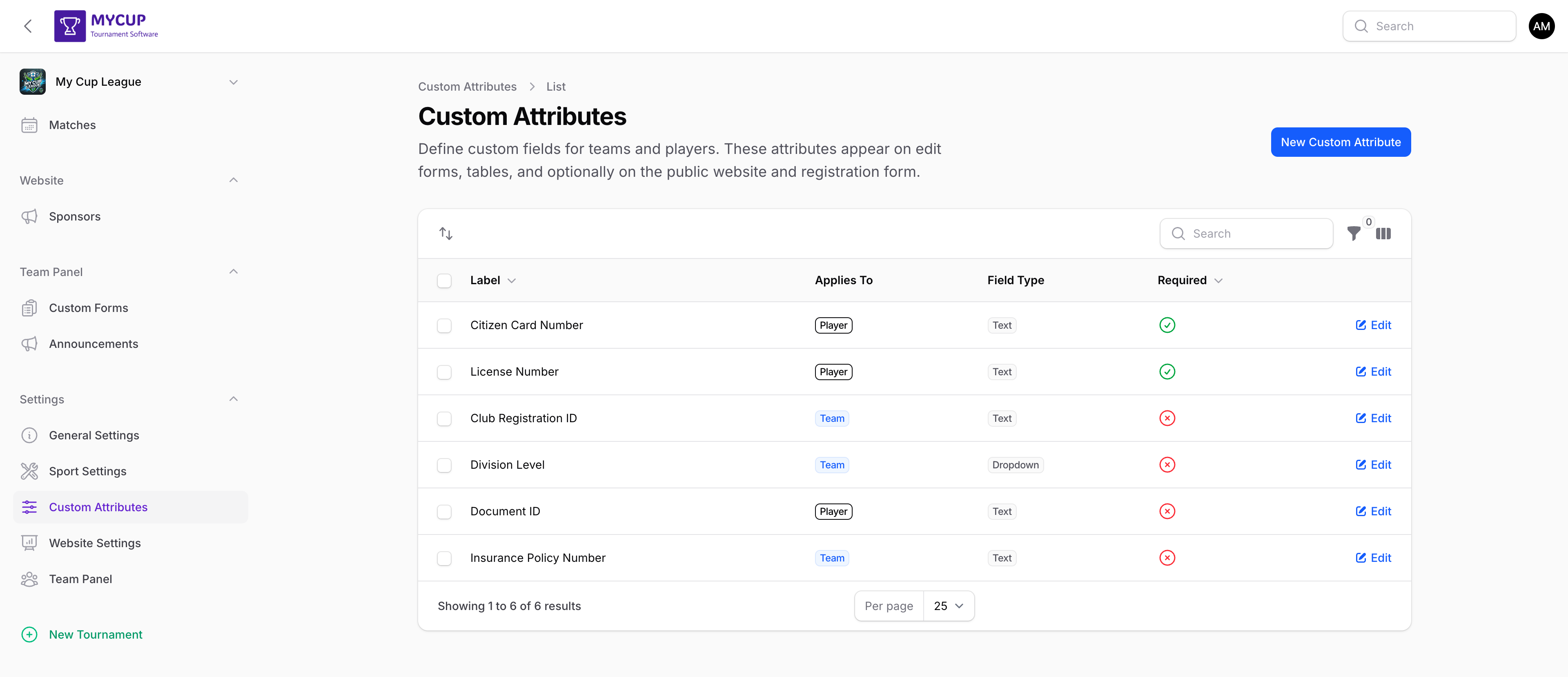 Custom Attributes list page showing all defined attributes with their labels, types, and visibility settings