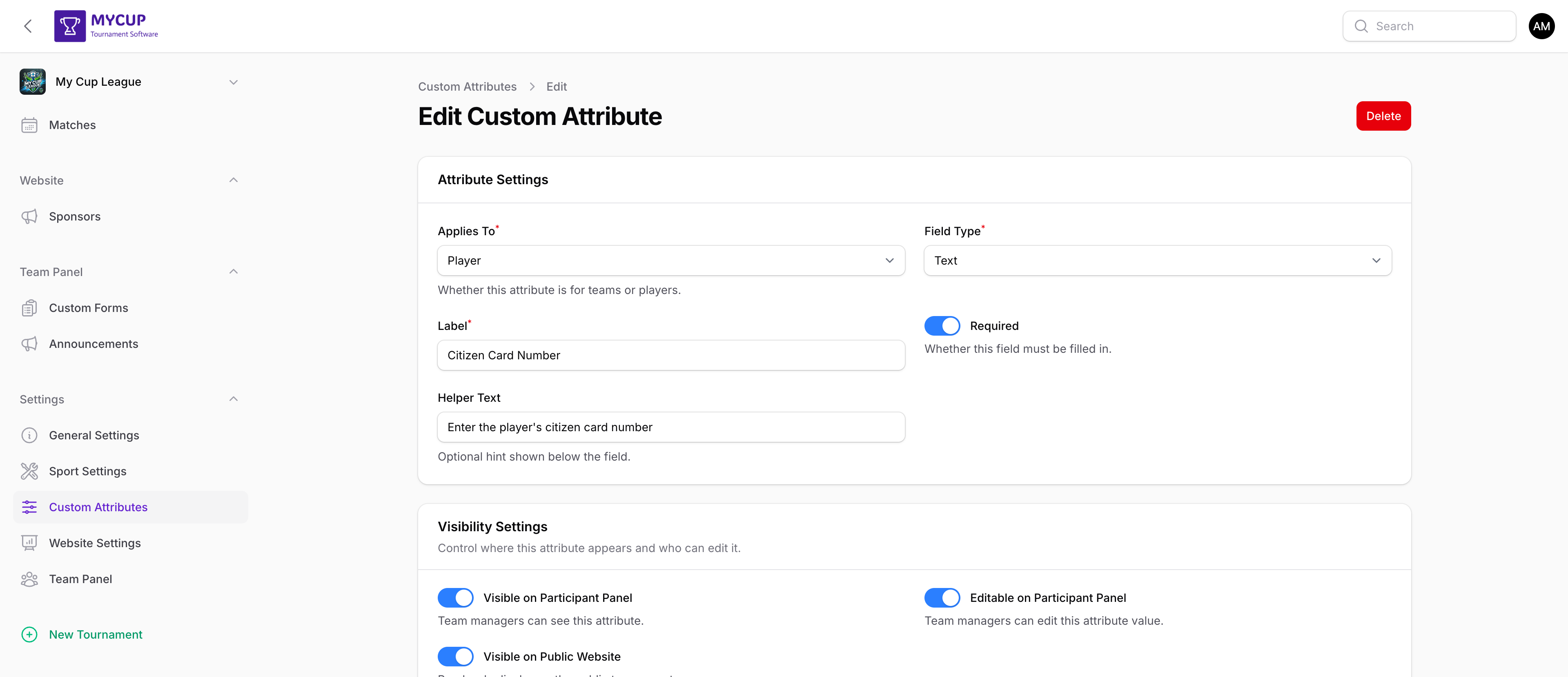 Edit attribute form showing basic settings and visibility toggles