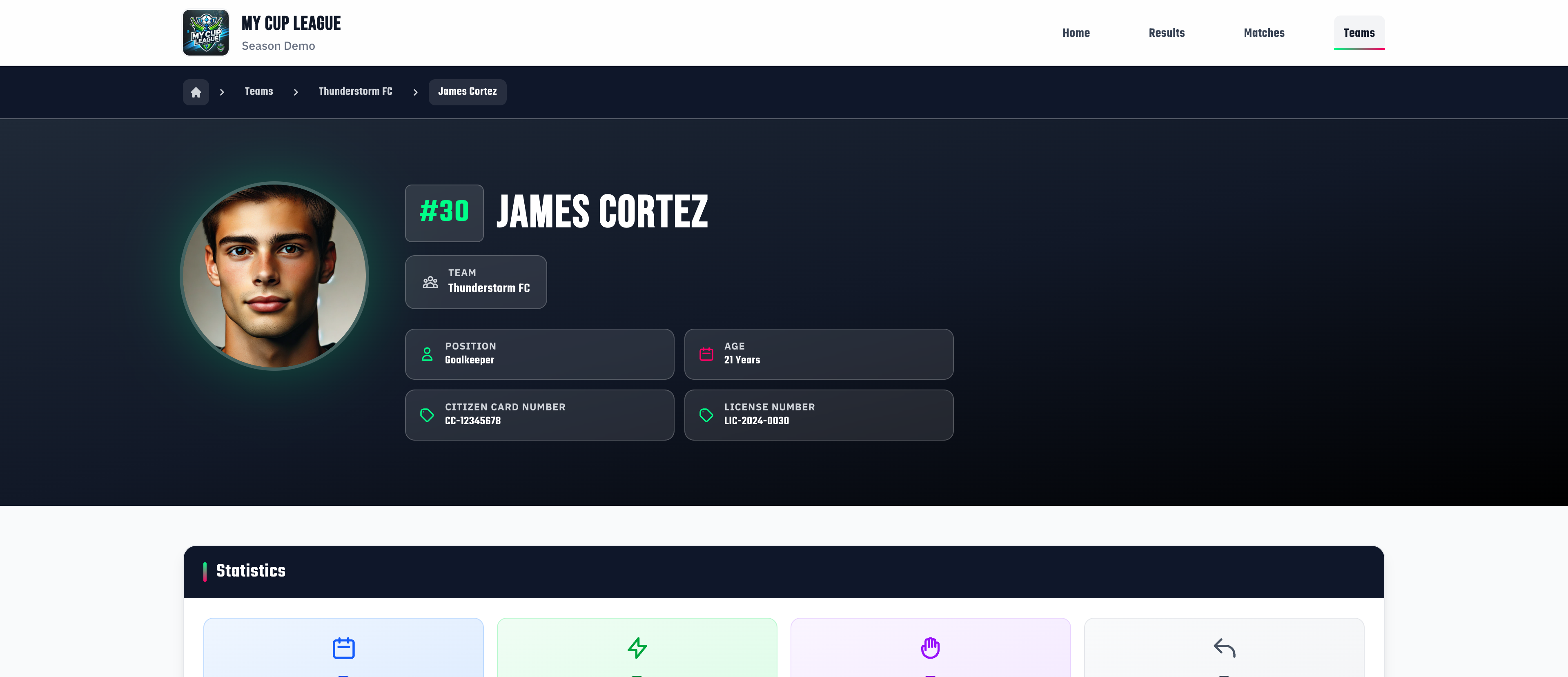 Public player page showing custom attributes like Citizen Card Number and License Number in the details grid