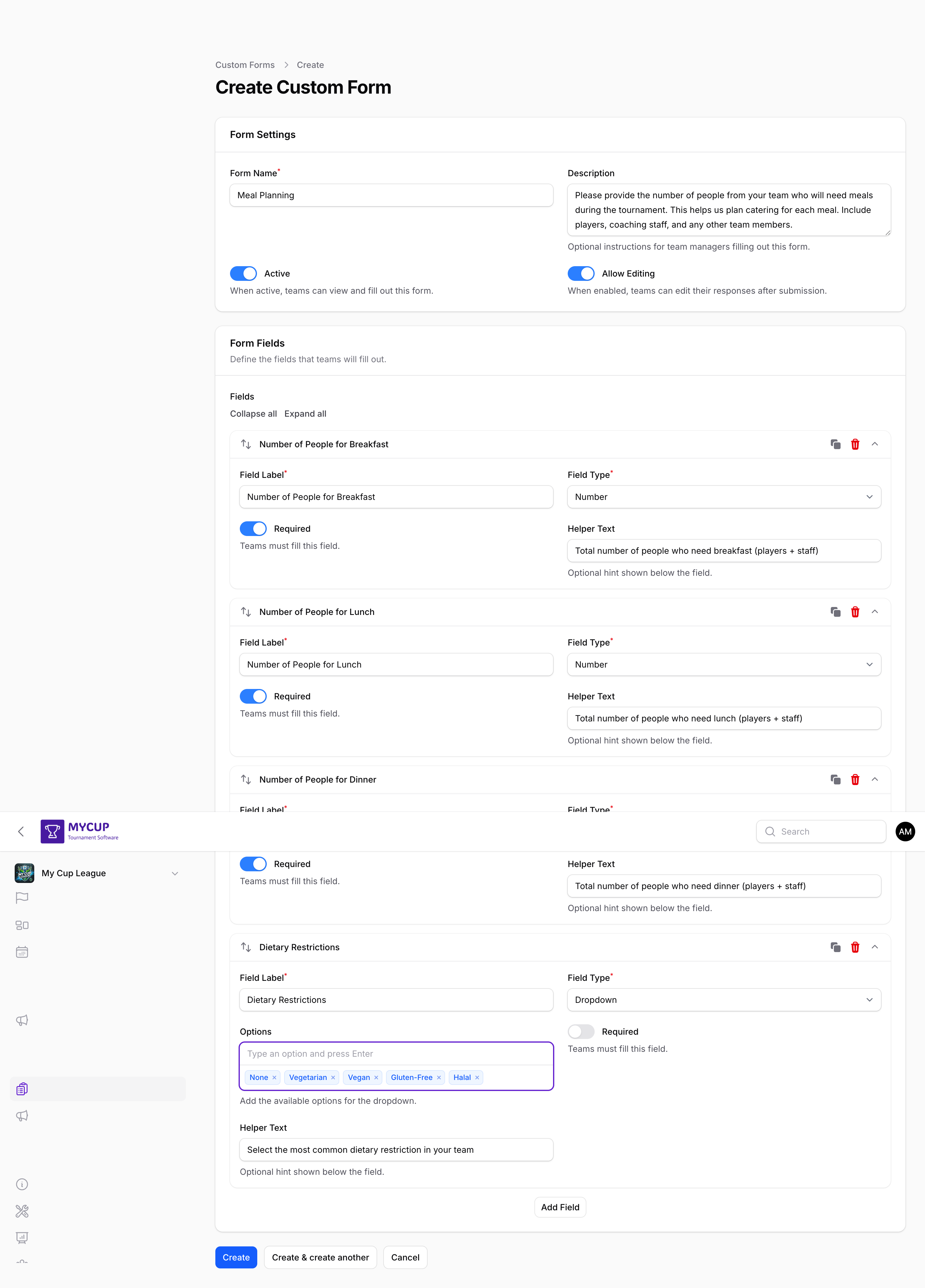 Creating a Meal Planning form