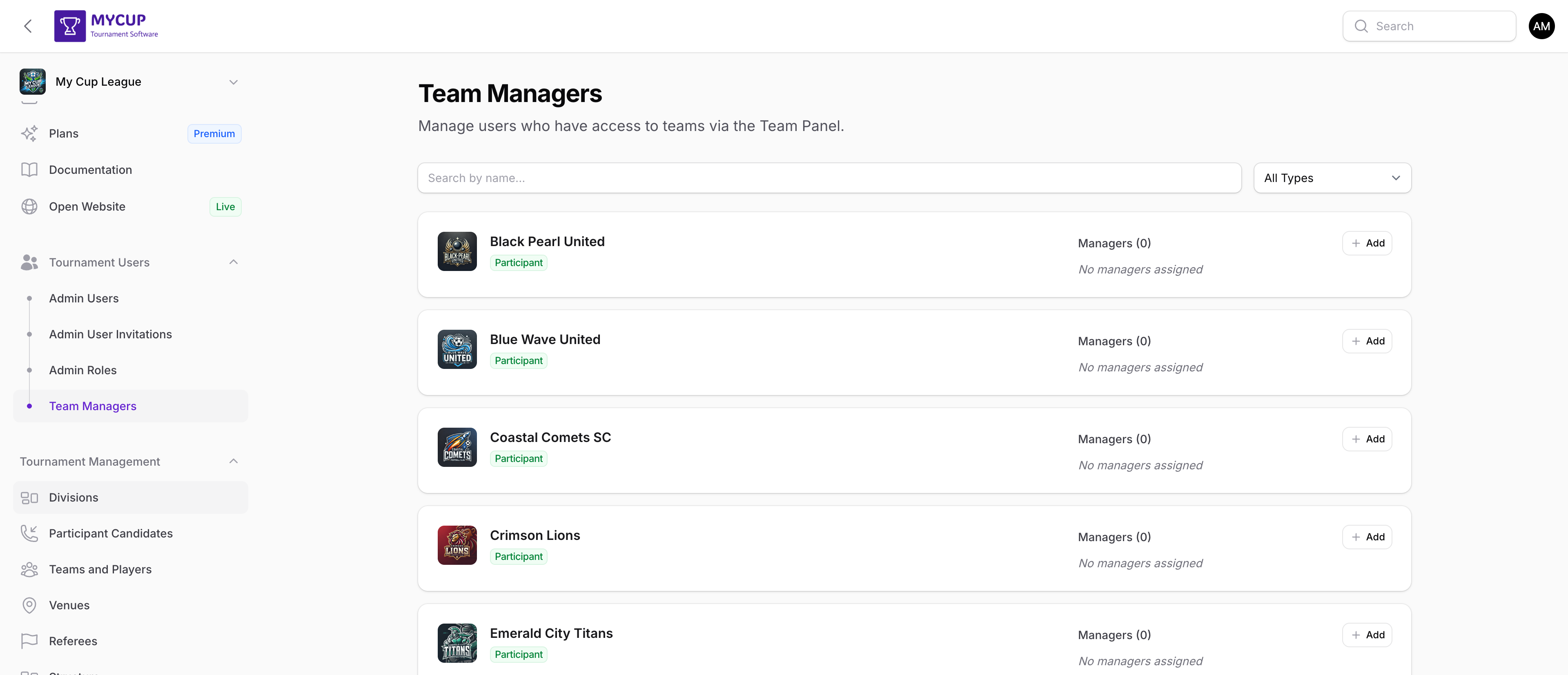 Team Managers page