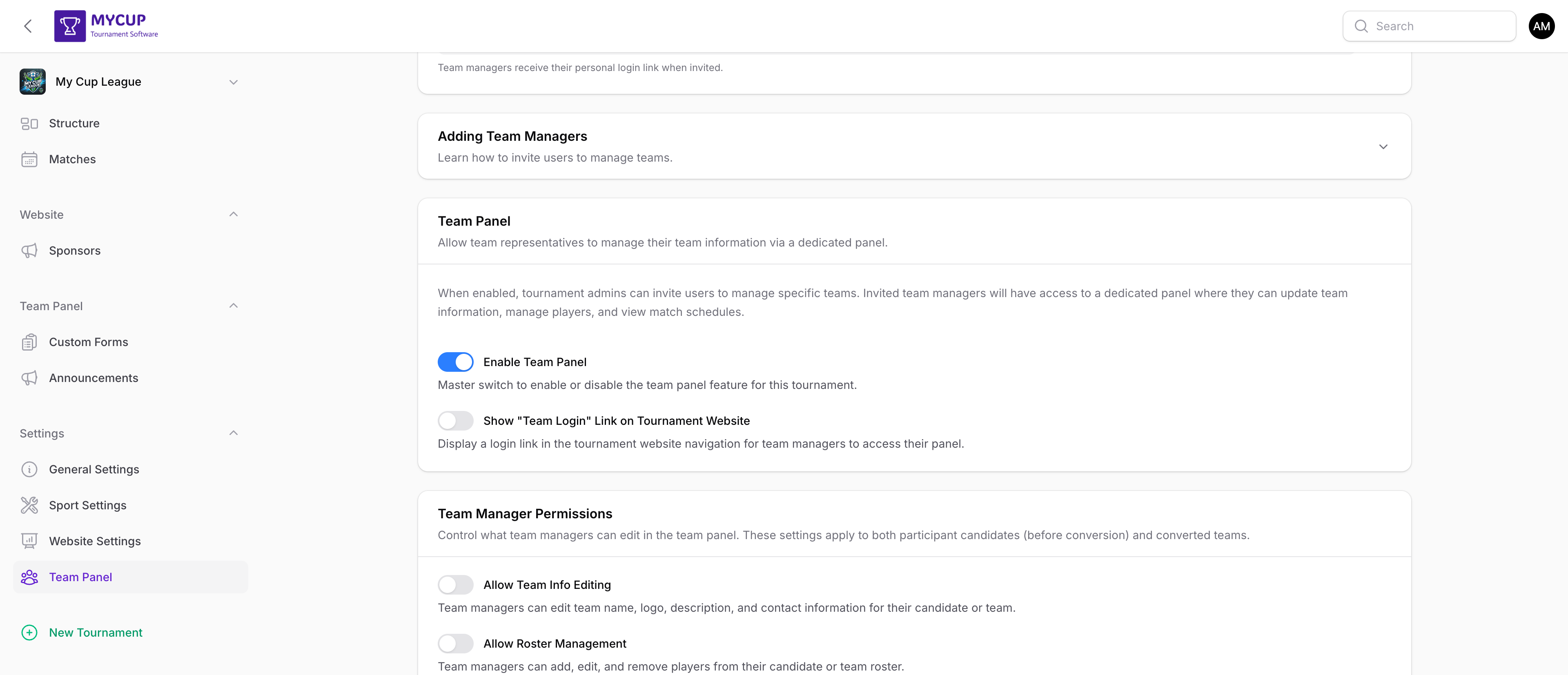 Team Panel enable toggle and permissions