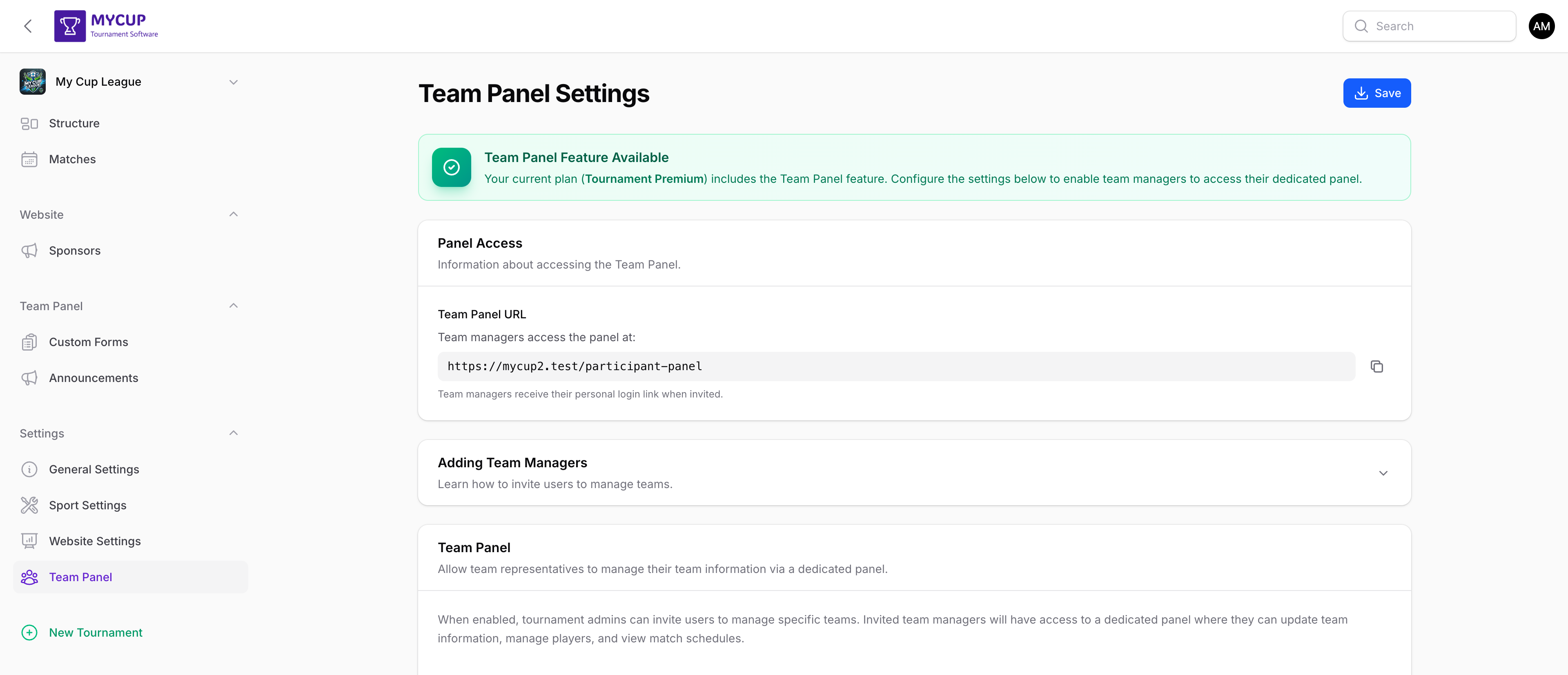 Team Panel Settings page